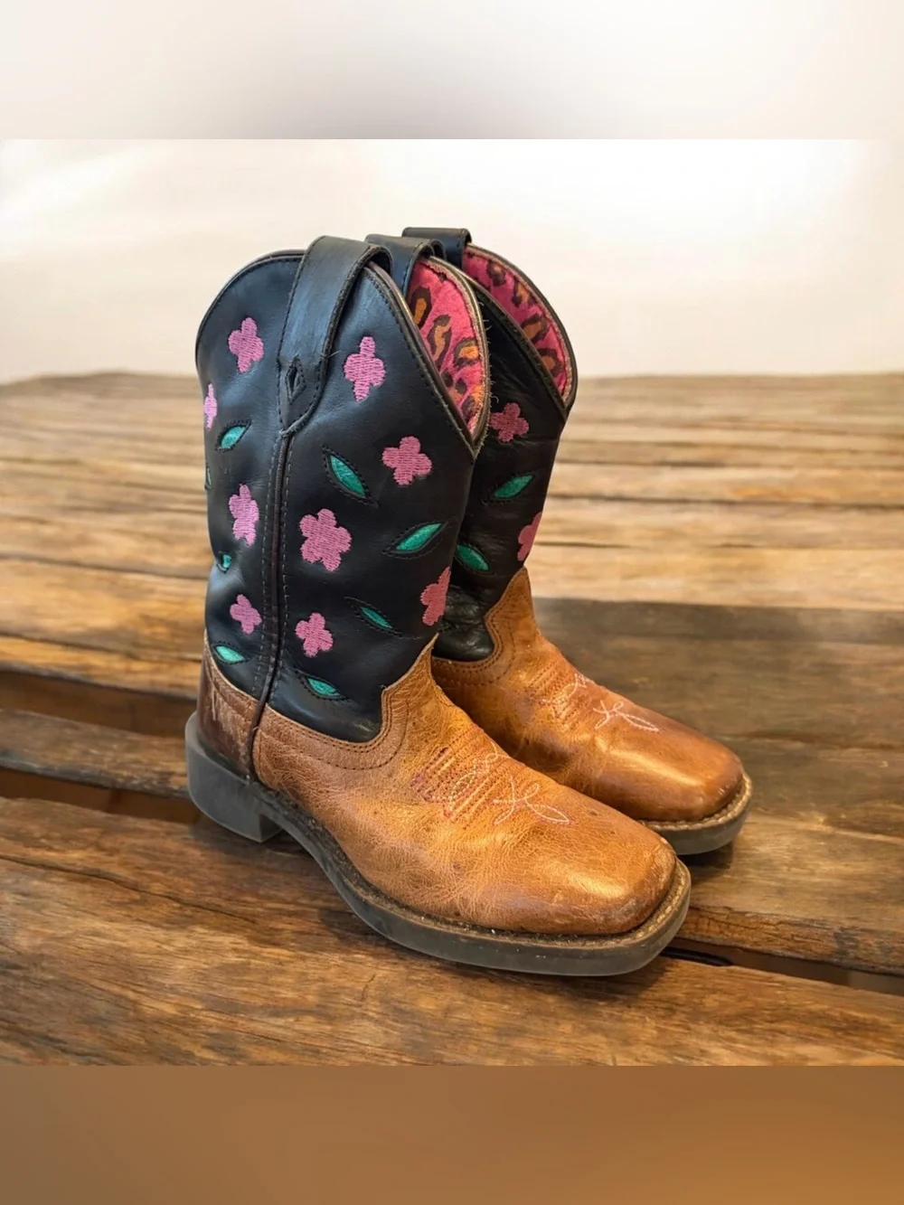 Smoky Mountain Dogwood Girl's Cowboy Boots Brown Sz 13 Floral Embroidered